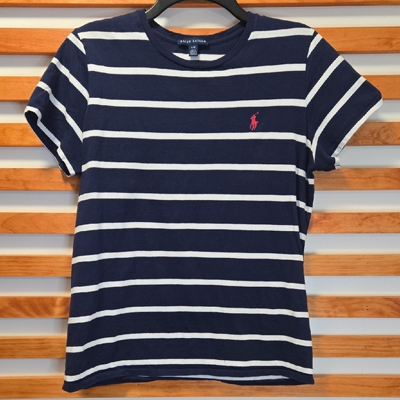 Ralph Lauren Sport Womens Large Navy White Striped Tee Pink Pony Logo - Picture 2 of 3